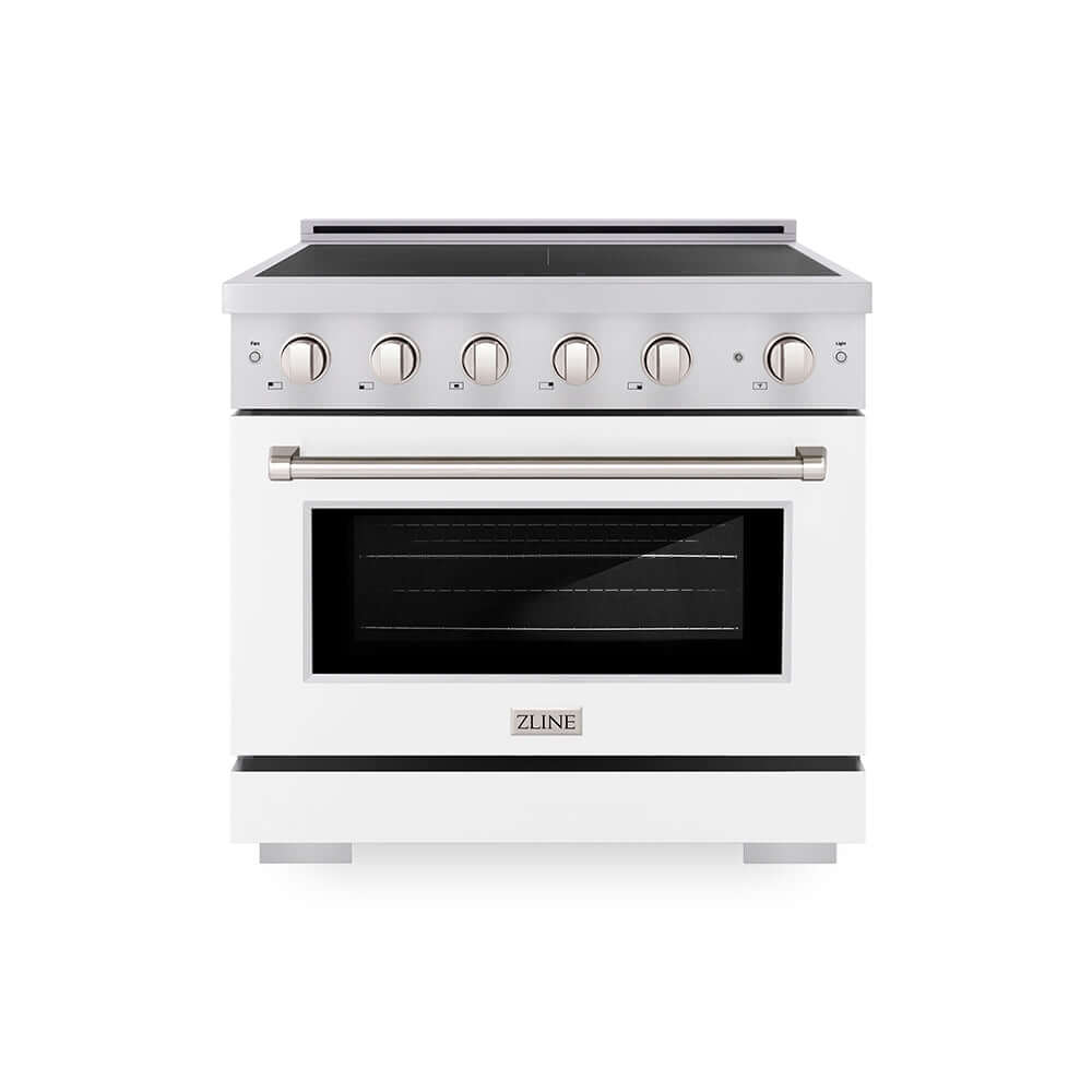 ZLINE 36 in. 5.2 cu. ft. Paramount Induction Range with 5 Element Cooktop and Electric Convection Oven in Stainless Steel with White Matte Door (SINR-WM-36) main image.