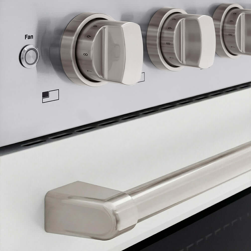 ZLINE 36 in. 5.2 cu. ft. Paramount Induction Range with 5 Element Cooktop and Electric Convection Oven in Stainless Steel with White Matte Door (SINR-WM-36) close-up of oven and cooktop knob controls.