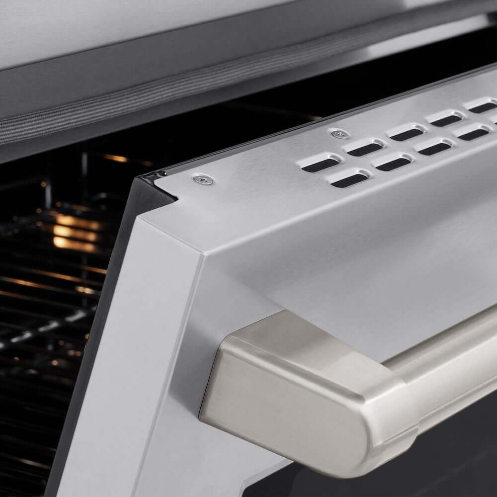 ZLINE 30 in. 4.2 cu. ft. Paramount Induction Range with 4 Element Cooktop and Electric Convection Oven in Stainless Steel (SINR30) oven door slightly open showing handle detail.