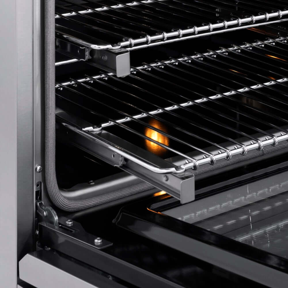 ZLINE 30 in. 4.2 cu. ft. Paramount Induction Range with 4 Element Cooktop and Electric Convection Oven in Stainless Steel (SINR30) close-up, open oven with racks extended, showing interior components.