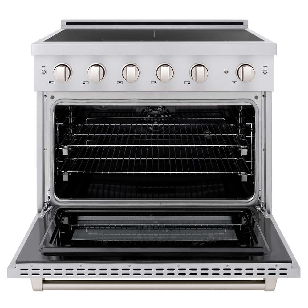 ZLINE 36 in. 5.2 cu. ft. Paramount Induction Range with 5 Element Cooktop and Electric Convection Oven in Stainless Steel (SINR36) front, oven open.