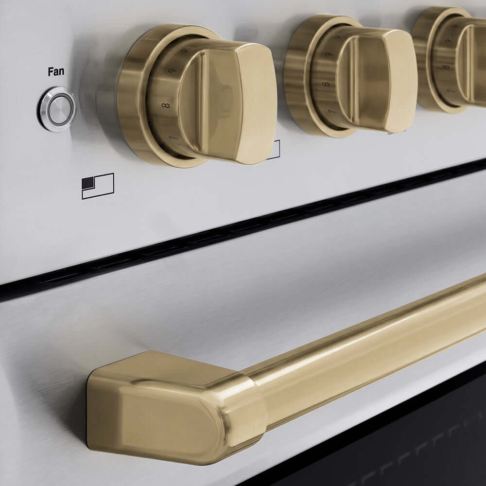 ZLINE Autograph Edition 24 in. 3.2 cu. ft. Paramount Induction Range with 3 Element Cooktop and Electric Convection Oven in Stainless Steel with Champagne Bronze Accents (SINRZ-24-CB) close-up of oven and cooktop knob controls.