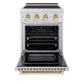 ZLINE Autograph Edition 24 in. 3.2 cu. ft. Paramount Induction Range with 3 Element Cooktop and Electric Convection Oven in Stainless Steel with Polished Gold Accents (SINRZ-24-G) front, oven open.
