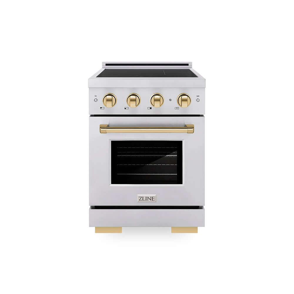 ZLINE Autograph Edition 24 in. 3.2 cu. ft. Paramount Induction Range with 3 Element Cooktop and Electric Convection Oven in Stainless Steel with Polished Gold Accents (SINRZ-24-G) main image.