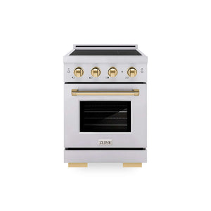 ZLINE Autograph Edition 24 in. 3.2 cu. ft. Paramount Induction Range with 3 Element Cooktop and Electric Convection Oven in Stainless Steel with Polished Gold Accents (SINRZ-24-G) main image.