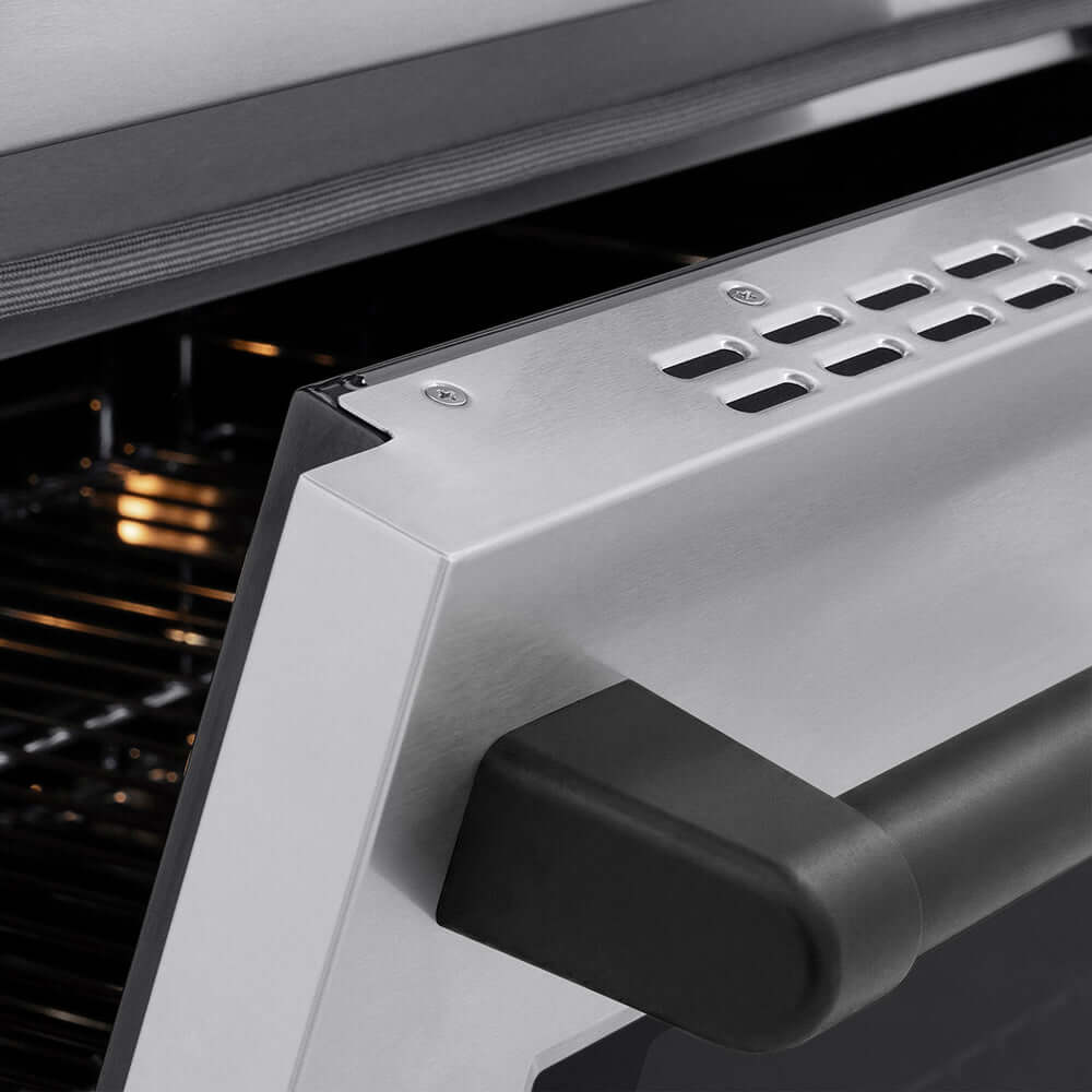 ZLINE Autograph Edition 24 in. 3.2 cu. ft. Paramount Induction Range with 3 Element Cooktop and Electric Convection Oven in Stainless Steel with Matte Black Accents (SINRZ-24-MB) oven door slightly open showing handle detail.
