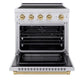 ZLINE Autograph Edition 30 in. 4.2 cu. ft. Paramount Induction Range with 4 Element Cooktop and Electric Convection Oven in Stainless Steel with Champagne Bronze Accents (SINRZ-30-CB) front, oven open.