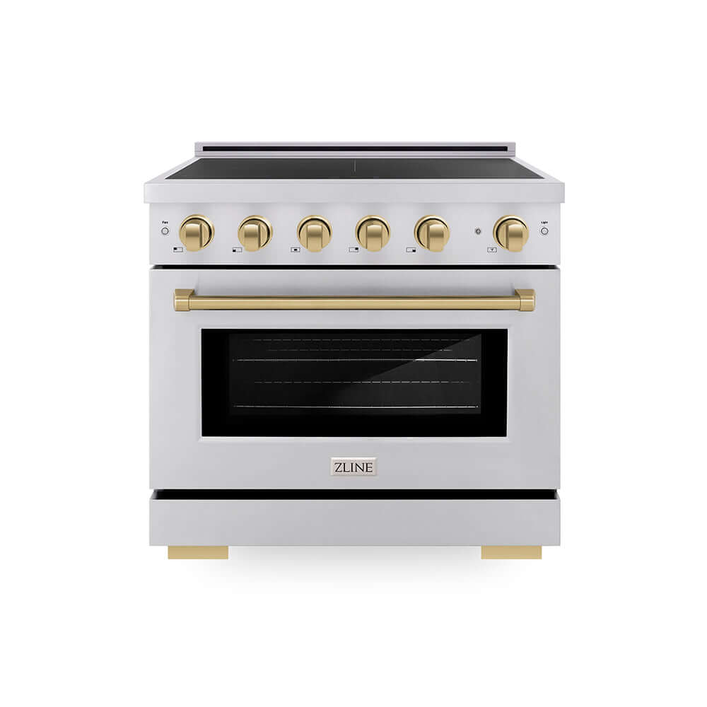 ZLINE Autograph Edition 36 in. 5.2 cu. ft. Paramount Induction Range with 5 Element Cooktop and Electric Convection Oven in Stainless Steel with Champagne Bronze Accents (SINRZ-36-CB) main image.