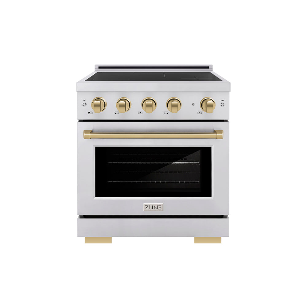 ZLINE Autograph Edition 30 in. 4.2 cu. ft. Paramount Induction Range with 4 Element Cooktop and Electric Convection Oven in Stainless Steel with Champagne Bronze Accents, Open Box-Great Condition main image.