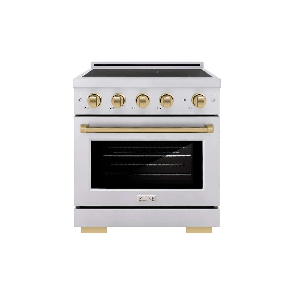 ZLINE Autograph Edition 30 in. 4.2 cu. ft. Paramount Induction Range with 4 Element Cooktop and Electric Convection Oven in Stainless Steel with Champagne Bronze Accents (SINRZ-30-CB) main image.
