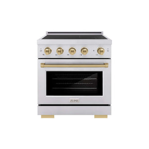 ZLINE Autograph Edition 30 in. 4.2 cu. ft. Paramount Induction Range with 4 Element Cooktop and Electric Convection Oven in Stainless Steel with Champagne Bronze Accents (SINRZ-30-CB) main image.