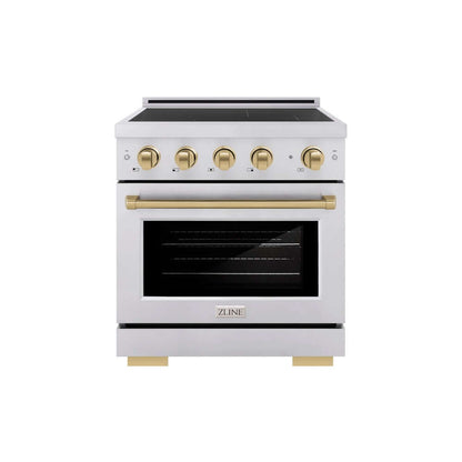 ZLINE Autograph Edition 30 in. 4.2 cu. ft. Paramount Induction Range with 4 Element Cooktop and Electric Convection Oven in Stainless Steel with Champagne Bronze Accents (SINRZ-30-CB) main image.