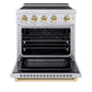 ZLINE Autograph Edition 30 in. 4.2 cu. ft. Paramount Induction Range with 4 Element Cooktop and Electric Convection Oven in Stainless Steel with Polished Gold Accents (SINRZ-30-G) front, oven open.