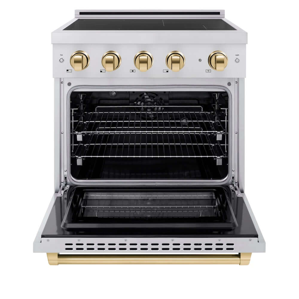 ZLINE Autograph Edition 30 in. 4.2 cu. ft. Paramount Induction Range with 4 Element Cooktop and Electric Convection Oven in Stainless Steel with Polished Gold Accents (SINRZ-30-G) front, oven open.