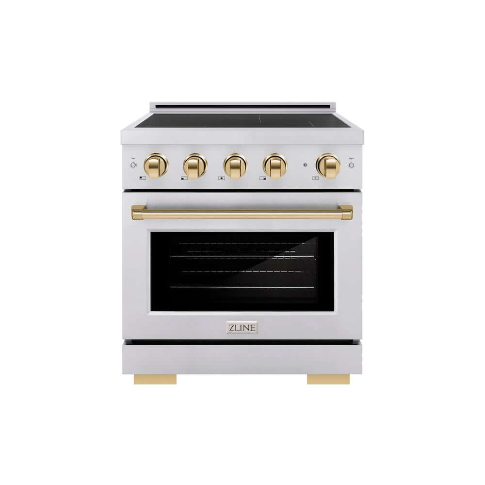 ZLINE Autograph Edition 30 in. 4.2 cu. ft. Paramount Induction Range with 4 Element Cooktop and Electric Convection Oven in Stainless Steel with Polished Gold Accents (SINRZ-30-G) main image.