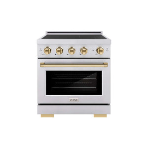 ZLINE Autograph Edition 30 in. 4.2 cu. ft. Paramount Induction Range with 4 Element Cooktop and Electric Convection Oven in Stainless Steel with Polished Gold Accents (SINRZ-30-G) main image.