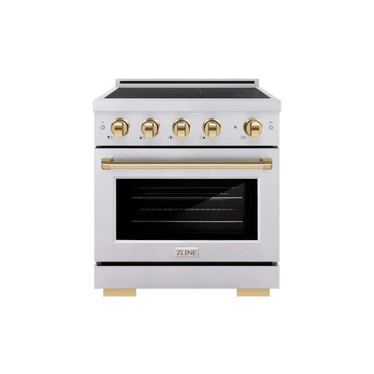 ZLINE Autograph Edition 30 in. 4.2 cu. ft. Paramount Induction Range with 4 Element Cooktop and Electric Convection Oven in Stainless Steel with Polished Gold Accents (SINRZ-30-G) main image.