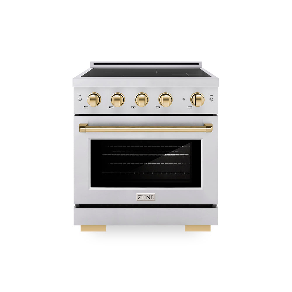 ZLINE Autograph Edition 30 in. 4.2 cu. ft. Paramount Induction Range with 4 Element Cooktop and Electric Convection Oven in Stainless Steel with Polished Gold Accents, Open Box-Great Condition main image.
