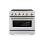ZLINE Autograph Edition 36 in. 5.2 cu. ft. Paramount Induction Range with 5 Element Cooktop and Electric Convection Oven in Stainless Steel with Polished Gold Accents (SINRZ-36-G) main image.