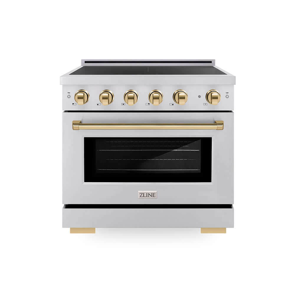 ZLINE Autograph Edition 36 in. 5.2 cu. ft. Paramount Induction Range with 5 Element Cooktop and Electric Convection Oven in Stainless Steel with Polished Gold Accents (SINRZ-36-G) main image.
