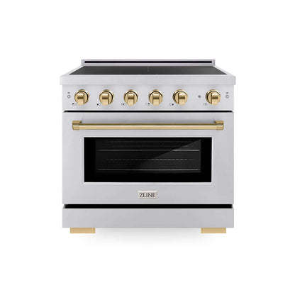 ZLINE Autograph Edition 36 in. 5.2 cu. ft. Paramount Induction Range with 5 Element Cooktop and Electric Convection Oven in Stainless Steel with Polished Gold Accents (SINRZ-36-G) main image.