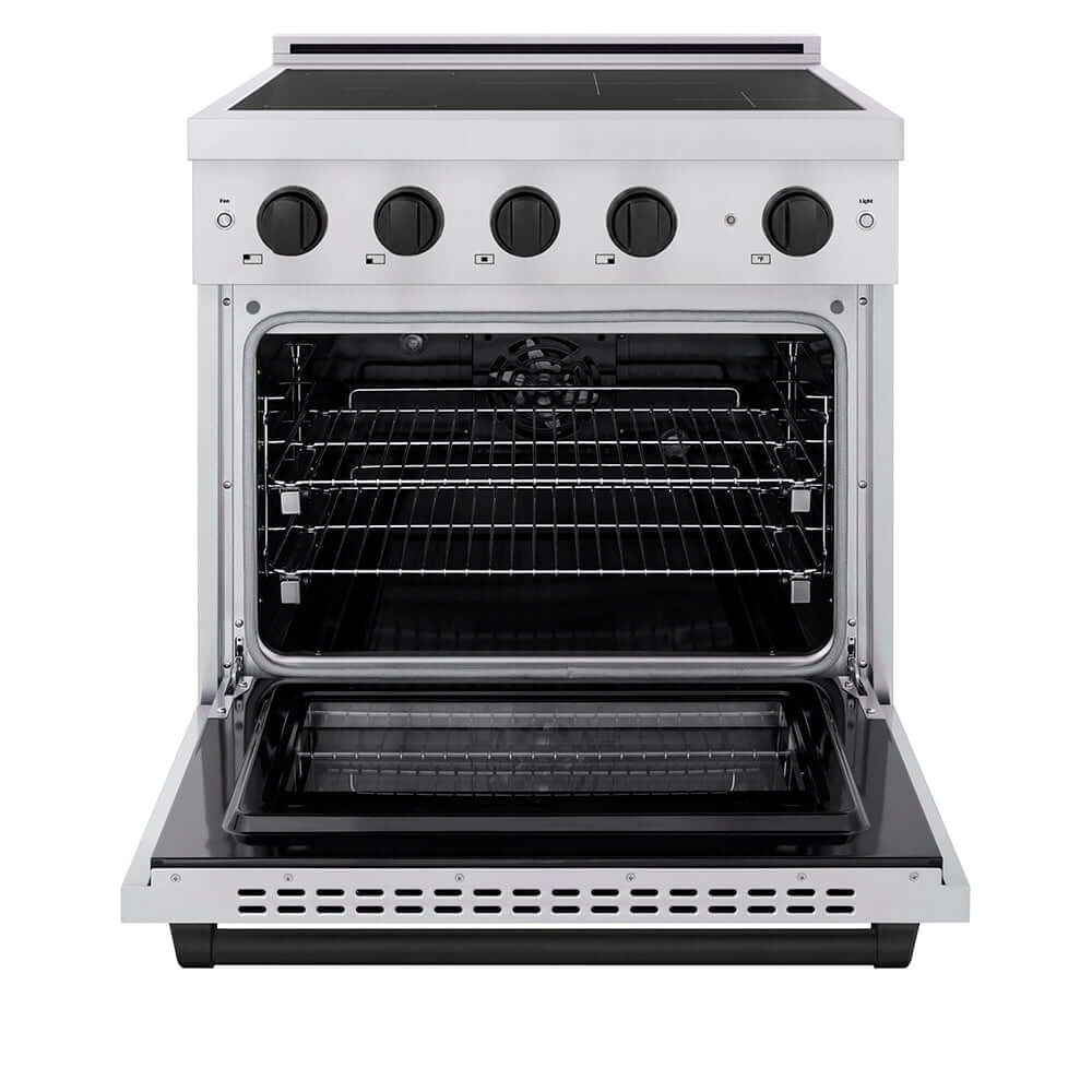 ZLINE Autograph Edition 30 in. 4.2 cu. ft. Paramount Induction Range with 4 Element Cooktop and Electric Convection Oven in Stainless Steel with Matte Black Accents (SINRZ-30-MB) front, oven open.