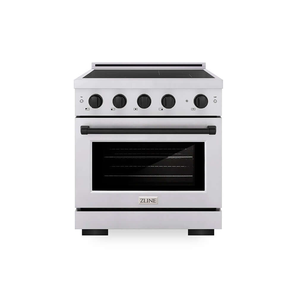 ZLINE Autograph Edition 30 in. 4.2 cu. ft. Paramount Induction Range with 4 Element Cooktop and Electric Convection Oven in Stainless Steel with Matte Black Accents (SINRZ-30-MB) main image.