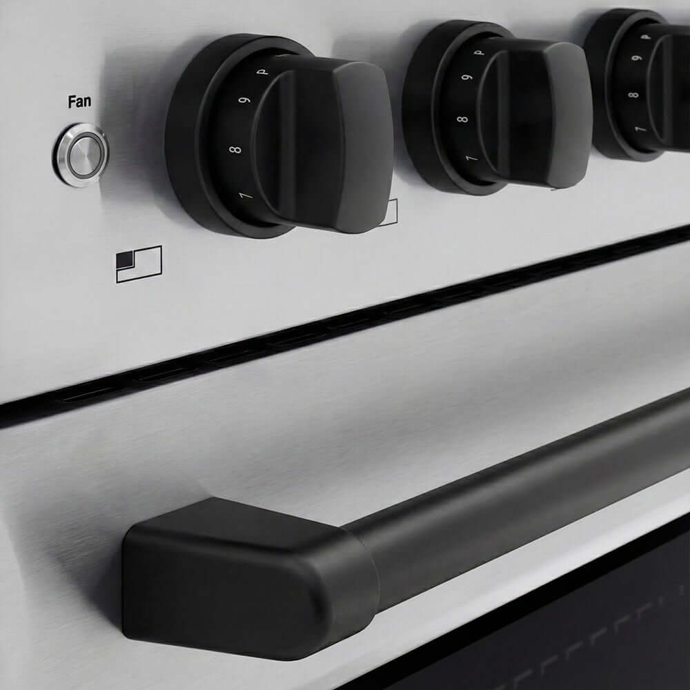 ZLINE Autograph Edition 30 in. 4.2 cu. ft. Paramount Induction Range with 4 Element Cooktop and Electric Convection Oven in Stainless Steel with Matte Black Accents (SINRZ-30-MB) close-up of oven and cooktop knob controls.