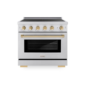 ZLINE Autograph Edition 36 in. 5.2 cu. ft. Paramount Induction Range with 5 Element Cooktop and Electric Convection Oven in Stainless Steel with Polished Gold Accents, Open Box-Good Condition main image.