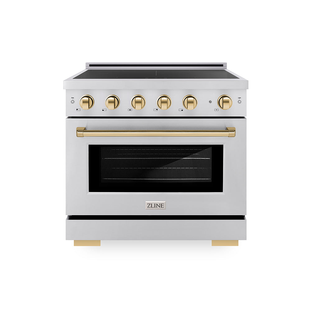 ZLINE Autograph Edition 36 in. 5.2 cu. ft. Paramount Induction Range with 5 Element Cooktop and Electric Convection Oven in Stainless Steel with Polished Gold Accents, Open Box-Great Condition main image.