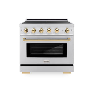 ZLINE Autograph Edition 36 in. 5.2 cu. ft. Paramount Induction Range with 5 Element Cooktop and Electric Convection Oven in Stainless Steel with Polished Gold Accents, Open Box-Great Condition main image.