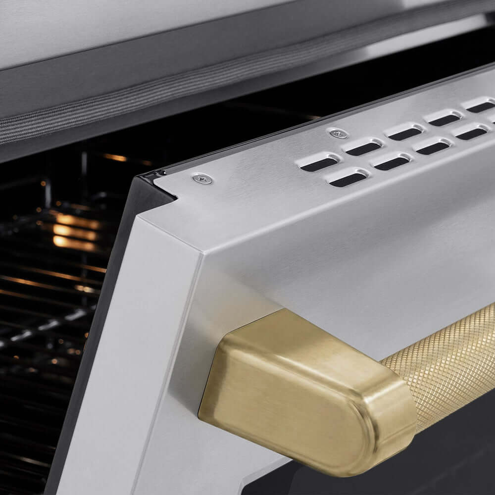ZLINE Autograph Edition 36 in. 5.2 cu. ft. Paramount Induction Range with 5 Element Cooktop and Electric Convection Oven in Stainless Steel with Champagne Bronze Helix Handle and Knob Accents (SINRZ-36-KCB) oven door slightly open showing handle detail.