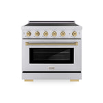 ZLINE Autograph Edition 36 in. 5.2 cu. ft. Paramount Induction Range with 5 Element Cooktop and Electric Convection Oven in Stainless Steel with Champagne Bronze Helix Handle and Knob Accents (SINRZ-36-KCB) main image.