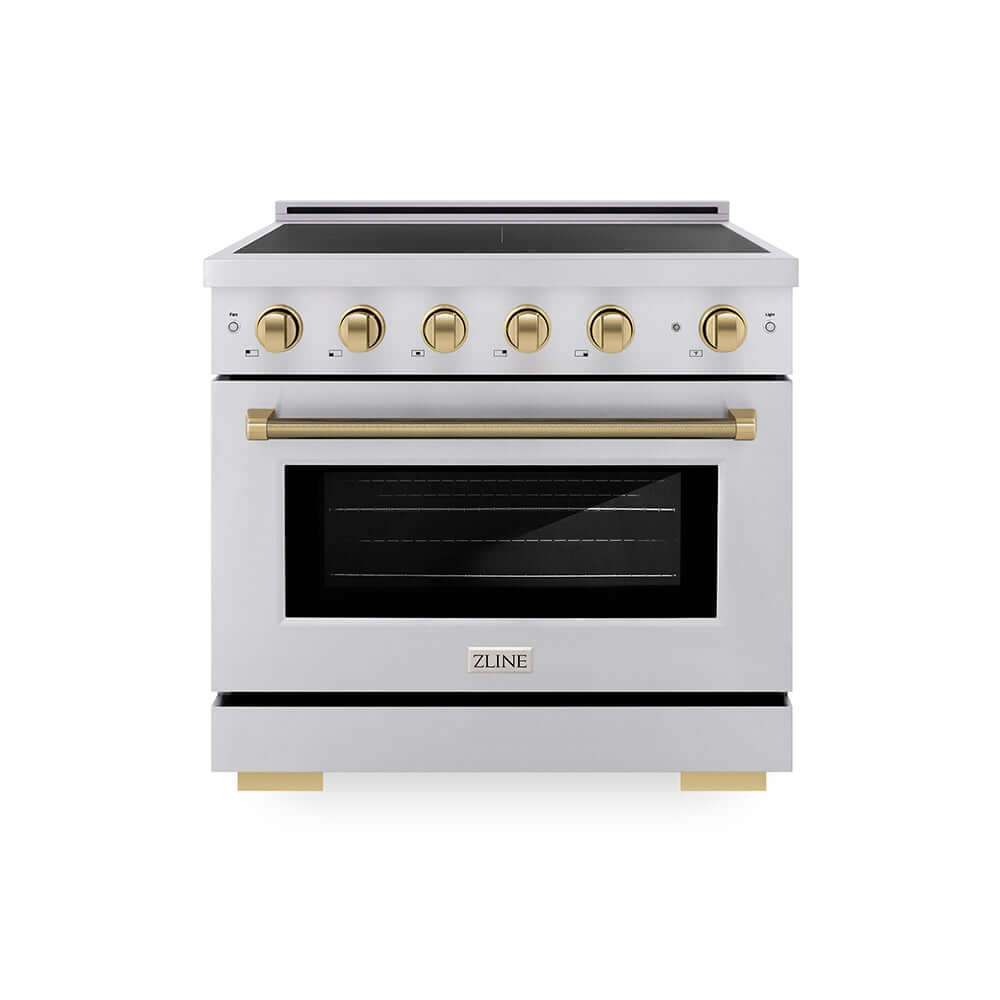 ZLINE Autograph Edition 36 in. 5.2 cu. ft. Paramount Induction Range with 5 Element Cooktop and Electric Convection Oven in Stainless Steel with Champagne Bronze Helix Handle and Knob Accents (SINRZ-36-KCB) main image.