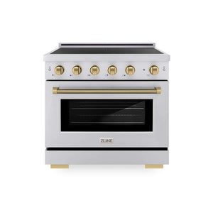 ZLINE Autograph Edition 36 in. 5.2 cu. ft. Paramount Induction Range with 5 Element Cooktop and Electric Convection Oven in Stainless Steel with Champagne Bronze Helix Handle and Knob Accents (SINRZ-36-KCB) main image.