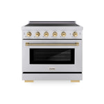 ZLINE Autograph Edition 36 in. 5.2 cu. ft. Paramount Induction Range with 5 Element Cooktop and Electric Convection Oven in Stainless Steel with Polished Gold Helix Handle and Knob Accents (SINRZ-36-KG) main image.