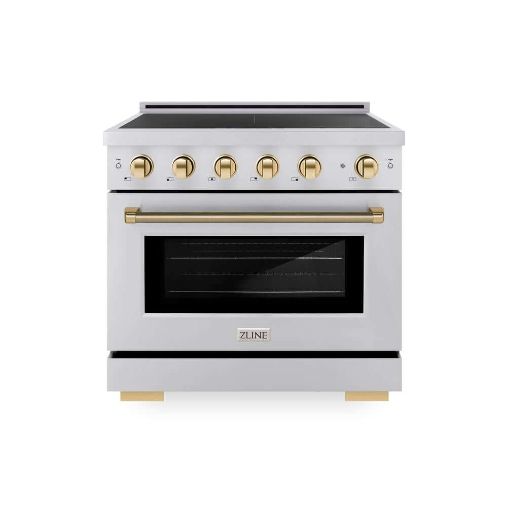 ZLINE Autograph Edition 36 in. 5.2 cu. ft. Paramount Induction Range with 5 Element Cooktop and Electric Convection Oven in Stainless Steel with Polished Gold Helix Handle and Knob Accents (SINRZ-36-KG) main image.