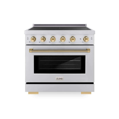 ZLINE Autograph Edition 36 in. 5.2 cu. ft. Paramount Induction Range with 5 Element Cooktop and Electric Convection Oven in Stainless Steel with Polished Gold Helix Handle and Knob Accents (SINRZ-36-KG) main image.