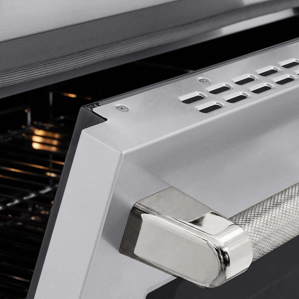 ZLINE Autograph Edition 36 in. 5.2 cu. ft. Paramount Induction Range with 5 Element Cooktop and Electric Convection Oven in Stainless Steel with Polished Nickel Helix Handle and Knob Accents (SINRZ-36-KPN) oven door slightly open showing handle detail.