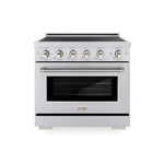 ZLINE Autograph Edition 36 in. 5.2 cu. ft. Paramount Induction Range with 5 Element Cooktop and Electric Convection Oven in Stainless Steel with Polished Nickel Helix Handle and Knob Accents (SINRZ-36-KPN) main image.