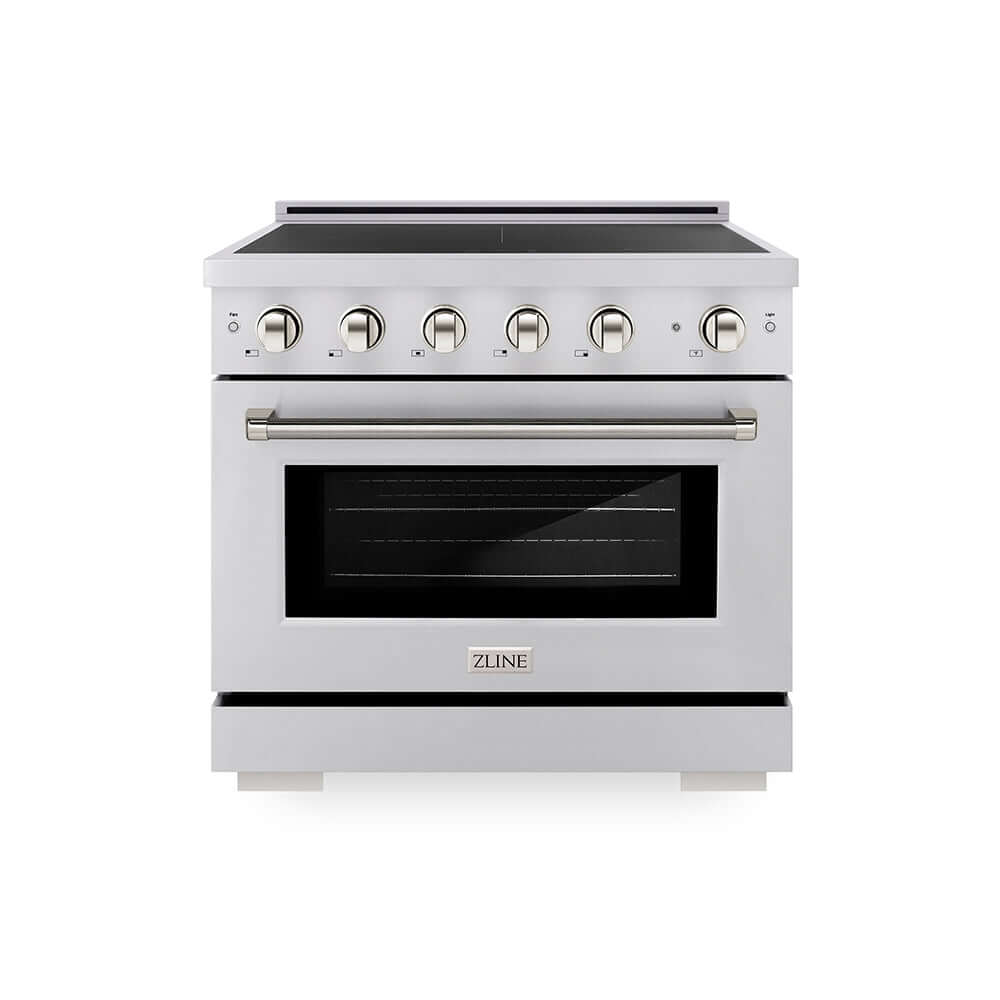ZLINE Autograph Edition 36 in. 5.2 cu. ft. Paramount Induction Range with 5 Element Cooktop and Electric Convection Oven in Stainless Steel with Polished Nickel Helix Handle and Knob Accents (SINRZ-36-KPN) main image.