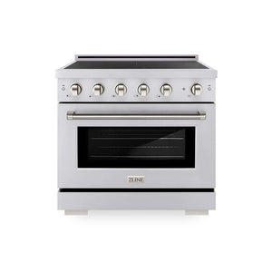 ZLINE Autograph Edition 36 in. 5.2 cu. ft. Paramount Induction Range with 5 Element Cooktop and Electric Convection Oven in Stainless Steel with Polished Nickel Helix Handle and Knob Accents (SINRZ-36-KPN) main image.