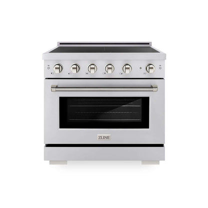 ZLINE Autograph Edition 36 in. 5.2 cu. ft. Paramount Induction Range with 5 Element Cooktop and Electric Convection Oven in Stainless Steel with Polished Nickel Helix Handle and Knob Accents (SINRZ-36-KPN) main image.