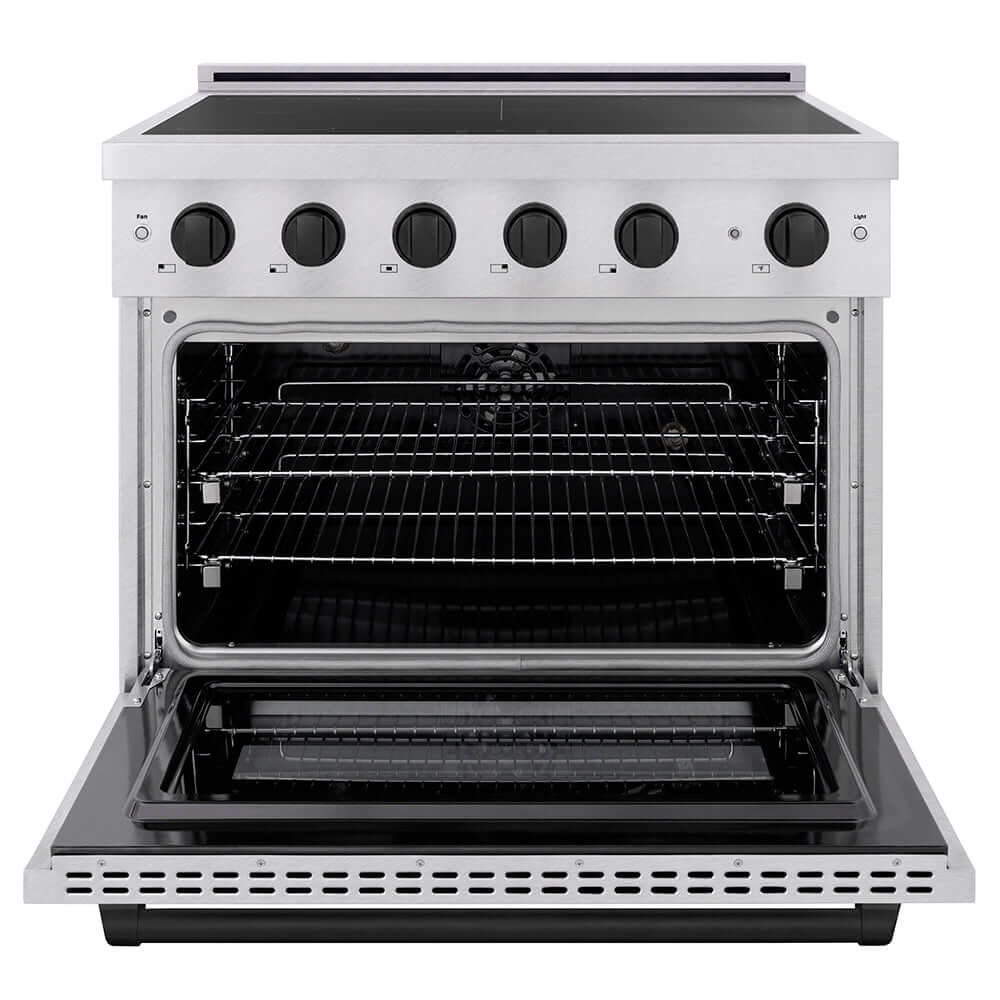 ZLINE Autograph Edition 36 in. 5.2 cu. ft. Paramount Induction Range with 5 Element Cooktop and Electric Convection Oven in Stainless Steel with Matte Black Accents (SINRZ-36-MB) front, oven open.