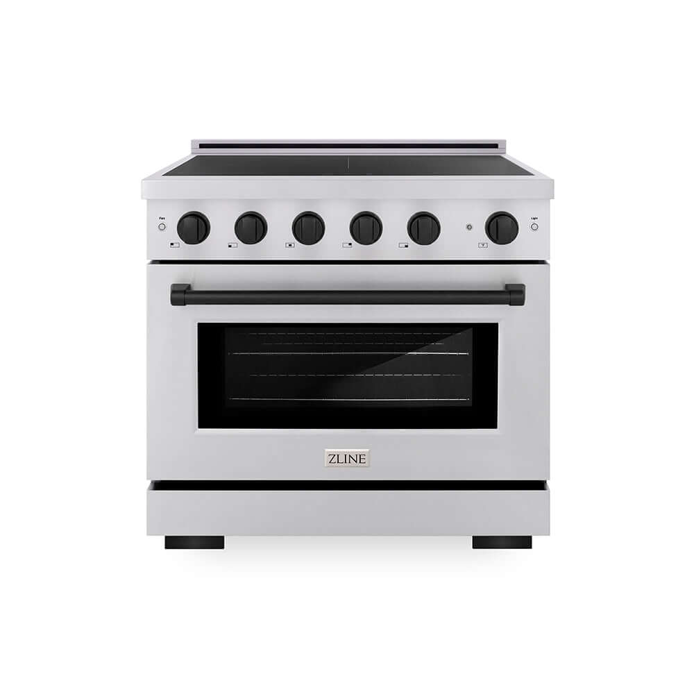 ZLINE Autograph Edition 36 in. 5.2 cu. ft. Paramount Induction Range with 5 Element Cooktop and Electric Convection Oven in Stainless Steel with Matte Black Accents (SINRZ-36-MB) main image.