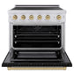 ZLINE Autograph Edition 36 in. 5.2 cu. ft. Paramount Induction Range with 5 Element Cooktop and Electric Convection Oven in Stainless Steel with Black Matte Door and Champagne Bronze Accents (SINRZ-BLM-36-CB) front, oven open.