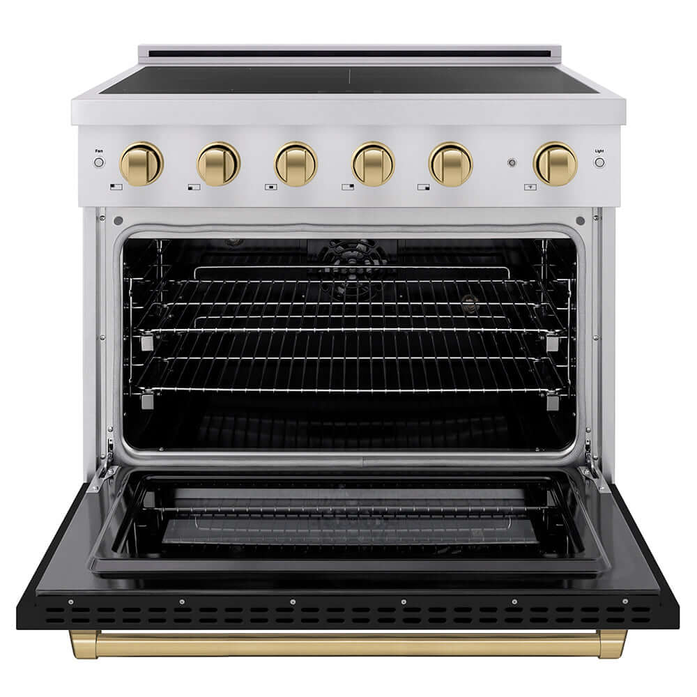 ZLINE Autograph Edition 36 in. 5.2 cu. ft. Paramount Induction Range with 5 Element Cooktop and Electric Convection Oven in Stainless Steel with Black Matte Door and Champagne Bronze Accents (SINRZ-BLM-36-CB) front, oven open.