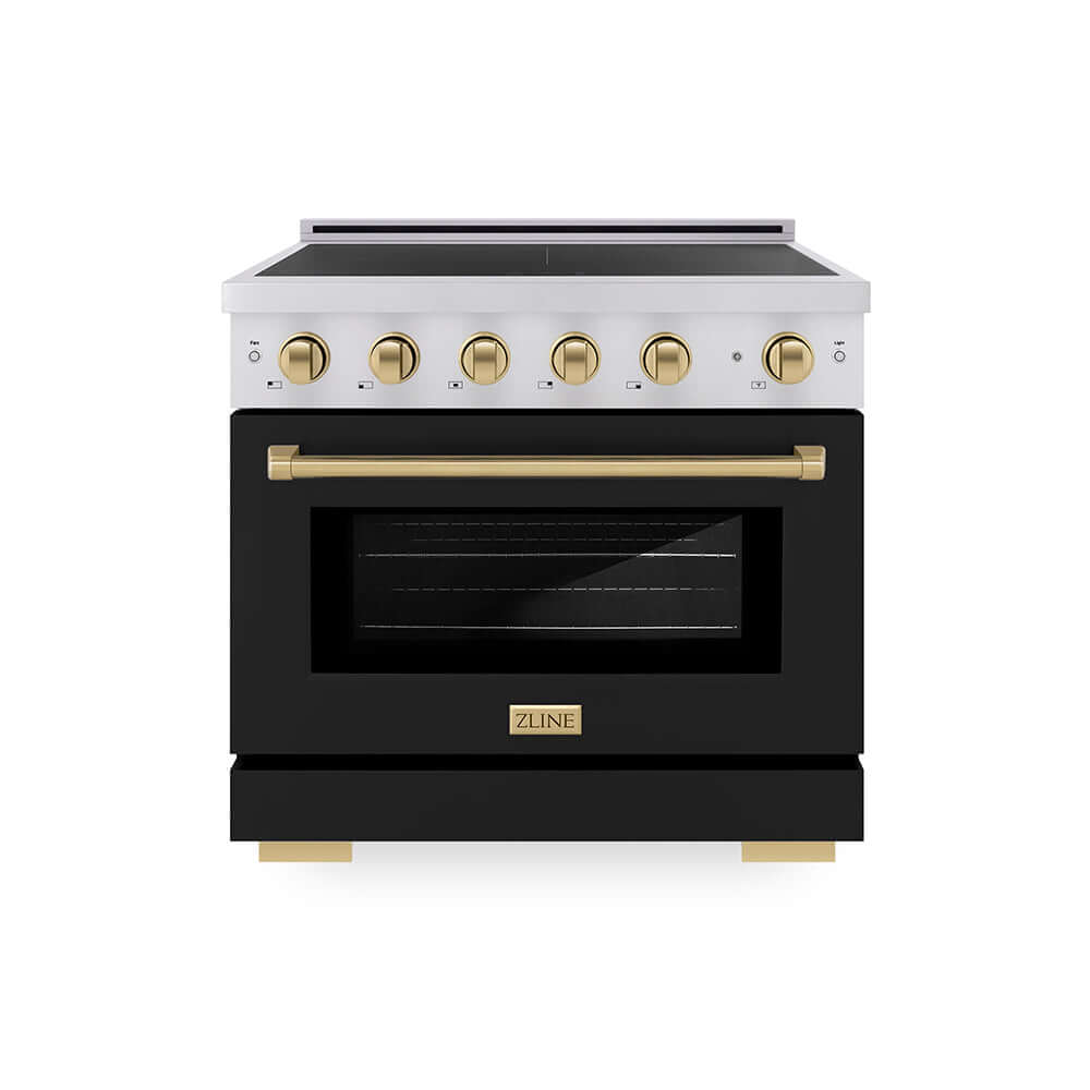 ZLINE Autograph Edition 36 in. 5.2 cu. ft. Paramount Induction Range with 5 Element Cooktop and Electric Convection Oven in Stainless Steel with Black Matte Door and Champagne Bronze Accents (SINRZ-BLM-36-CB) main image.