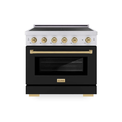 ZLINE Autograph Edition 36 in. 5.2 cu. ft. Paramount Induction Range with 5 Element Cooktop and Electric Convection Oven in Stainless Steel with Black Matte Door and Champagne Bronze Accents (SINRZ-BLM-36-CB) main image.