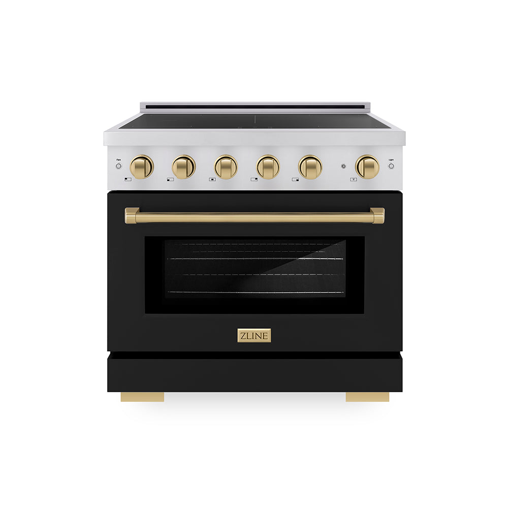 ZLINE Autograph Edition 36 in. 5.2 cu. ft. Paramount Induction Range with 5 Element Cooktop and Electric Convection Oven in Stainless Steel with Black Matte Door and Champagne Bronze Accents, Open Box-Great Condition main image.